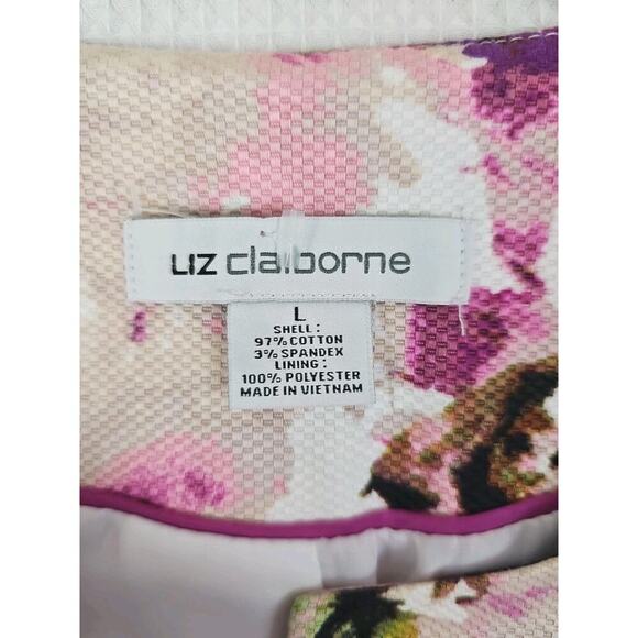 Liz Claiborne ~Woman Size L~ Burgundy/Pink Floral Lond Open Front Blazer Lined. - Picture 2 of 16